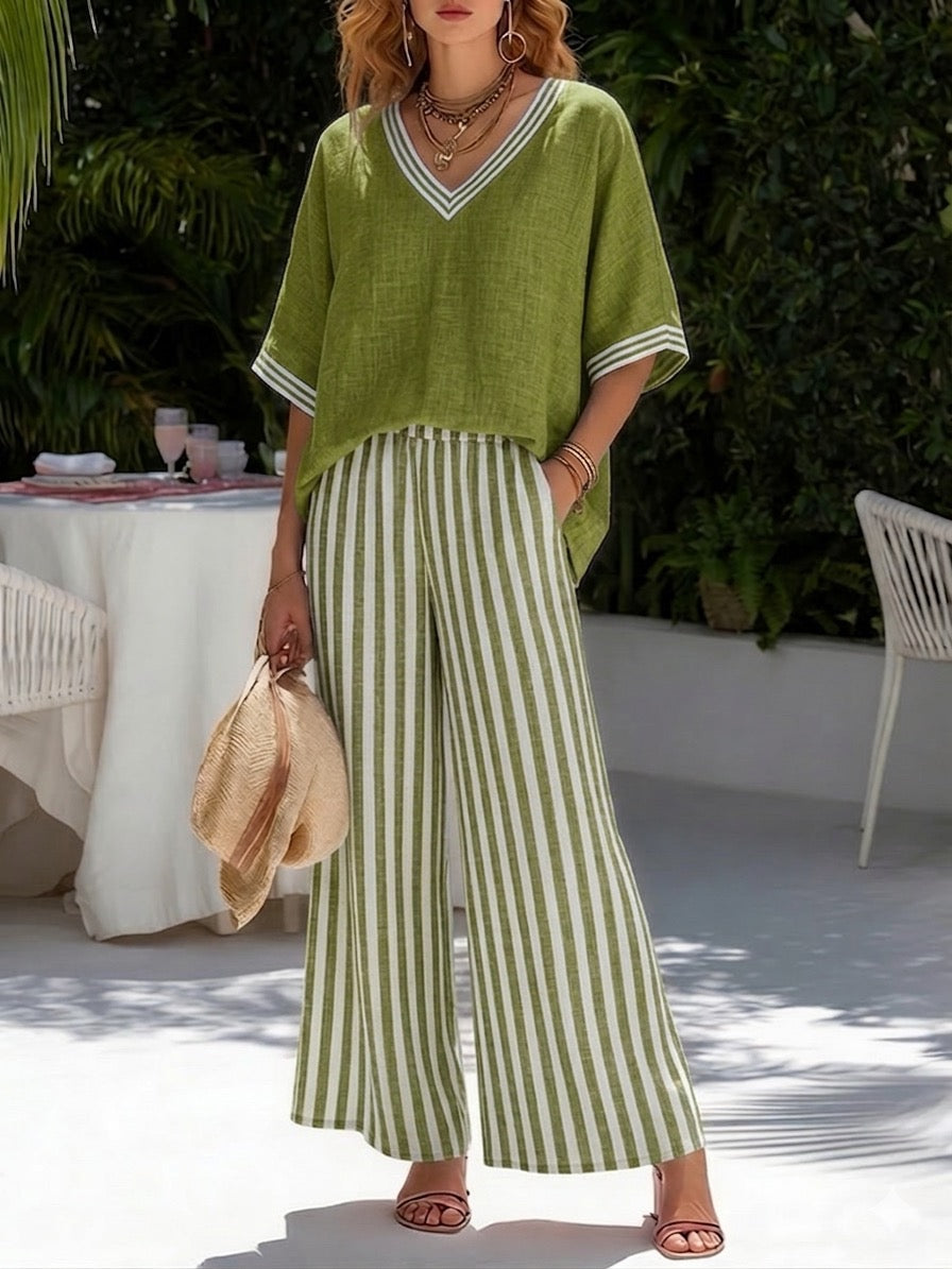 Lilibet | Gestreiftes Fließendes Bluse und Weithosen-Set