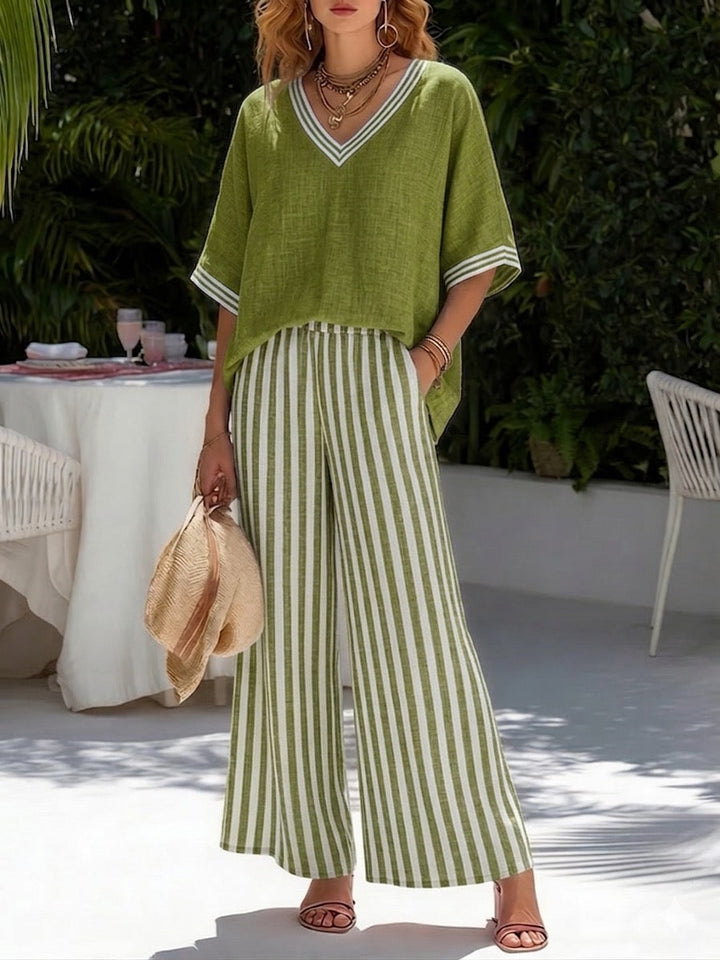 Lilibet | Gestreiftes Fließendes Bluse und Weithosen-Set