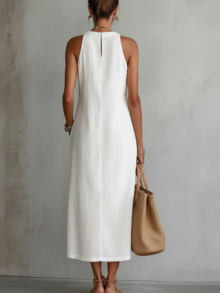 Sovelle | Midi-Leinenkleid mit Mao-Kragen und natürlichem Stil