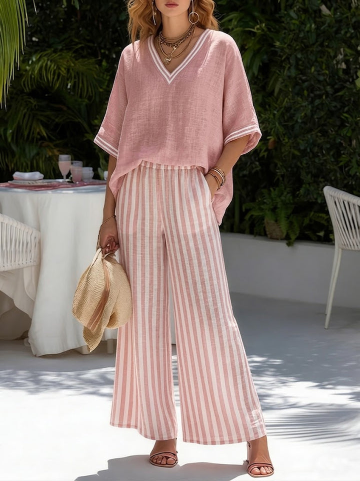 Lilibet | Gestreiftes Fließendes Bluse und Weithosen-Set