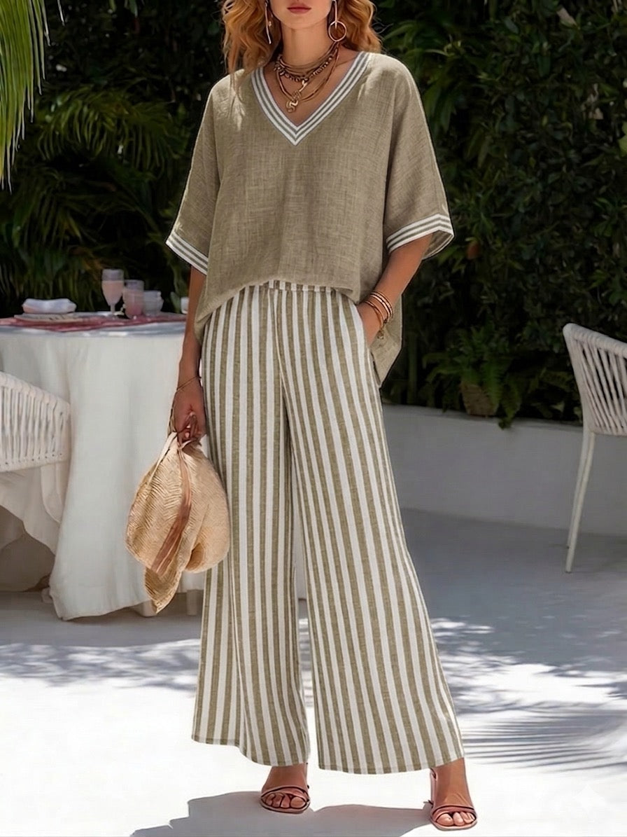 Lilibet | Gestreiftes Fließendes Bluse und Weithosen-Set