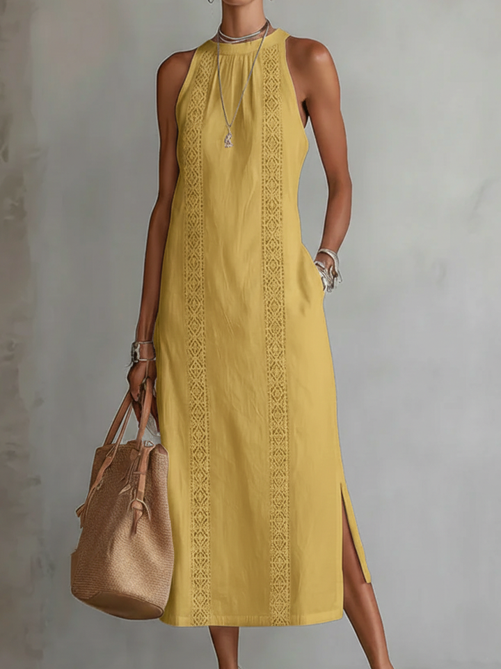 Sovelle | Midi-Leinenkleid mit Mao-Kragen und natürlichem Stil