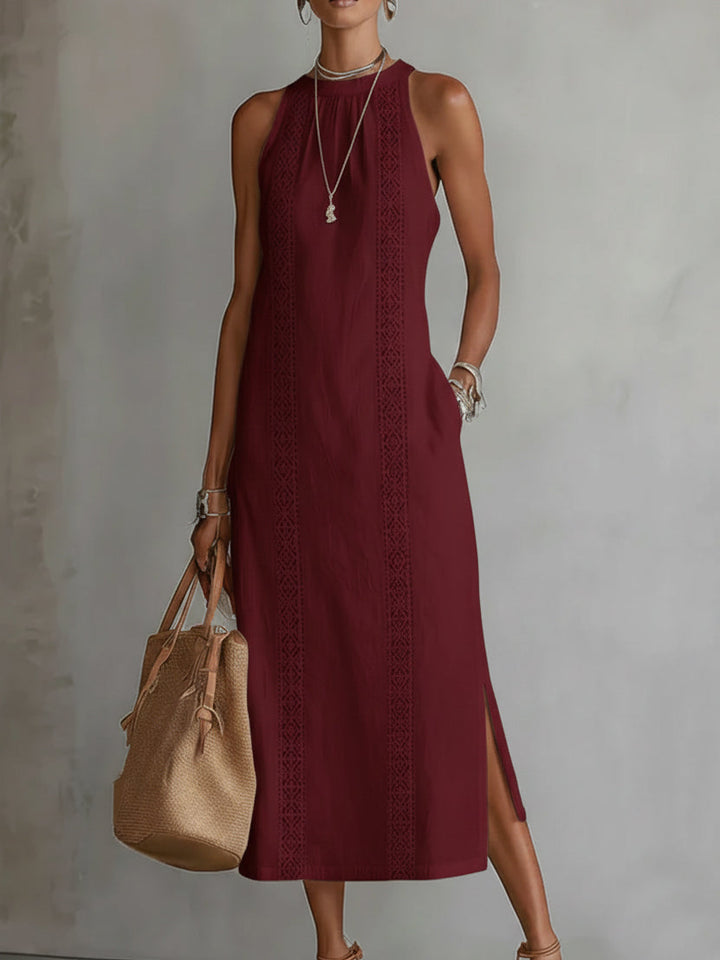 Sovelle | Midi-Leinenkleid mit Mao-Kragen und natürlichem Stil
