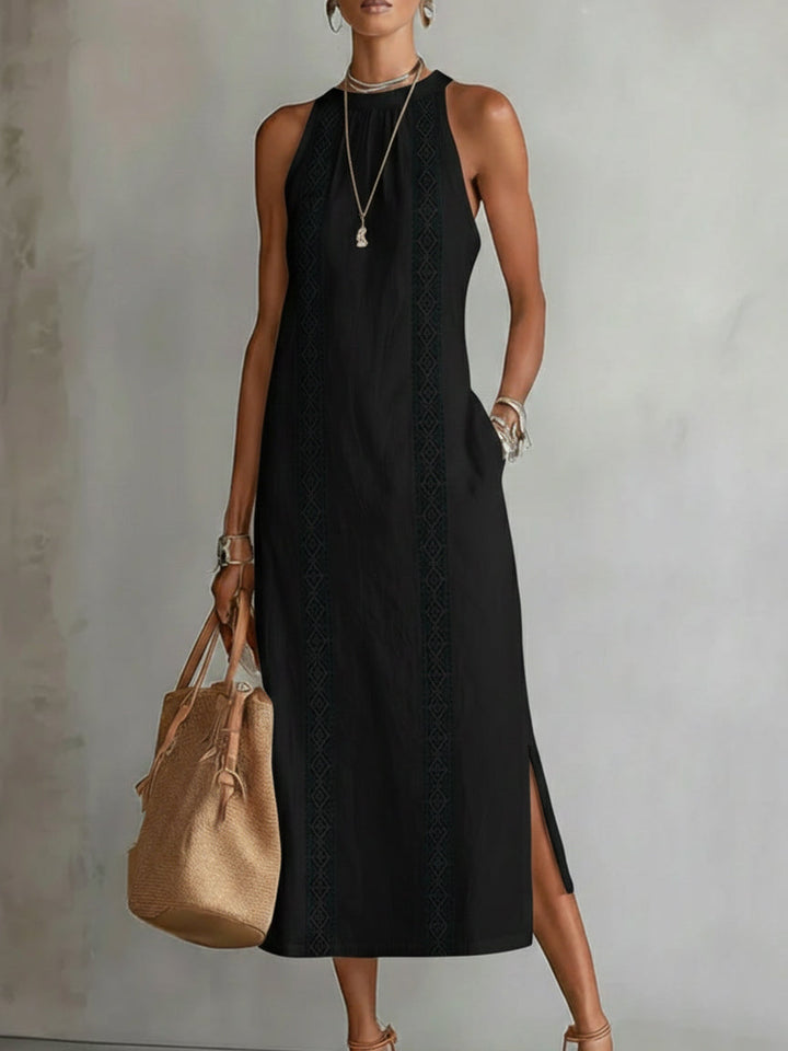 Sovelle | Midi-Leinenkleid mit Mao-Kragen und natürlichem Stil