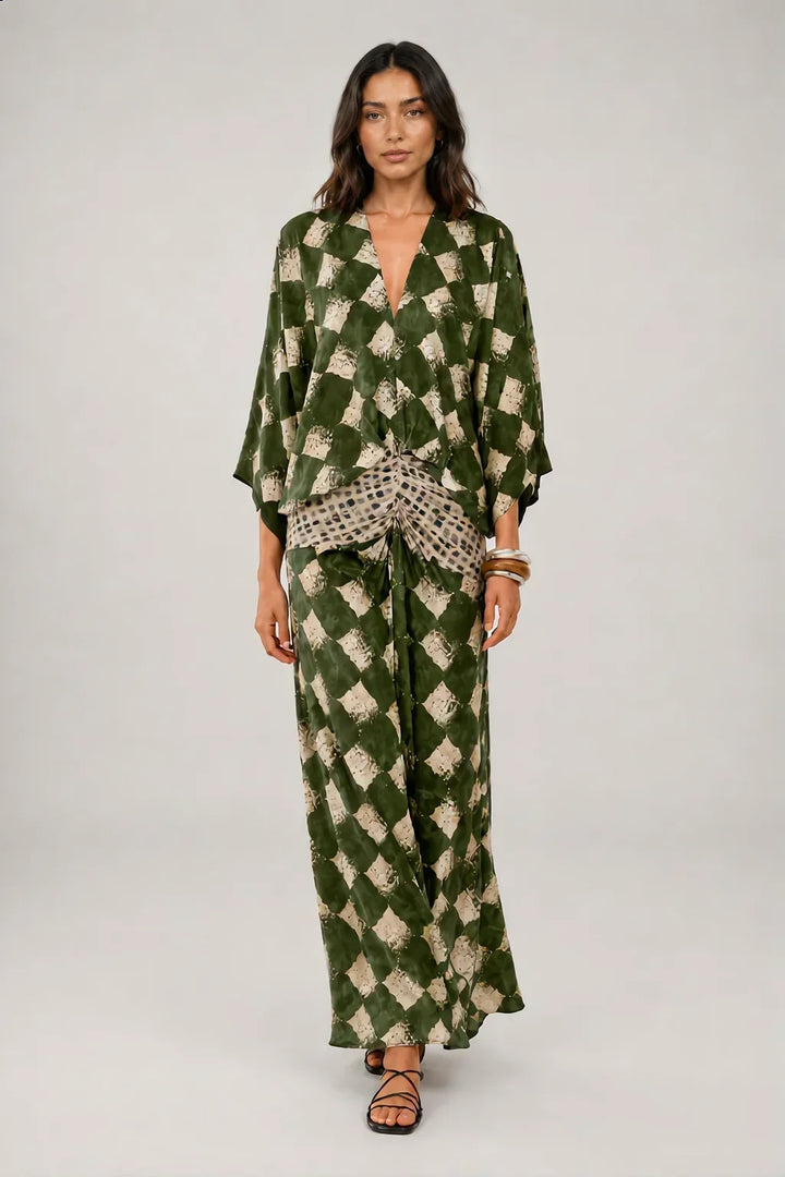 Bethany | Langes Kleid mit Mosaikdruck und Kimonoärmeln